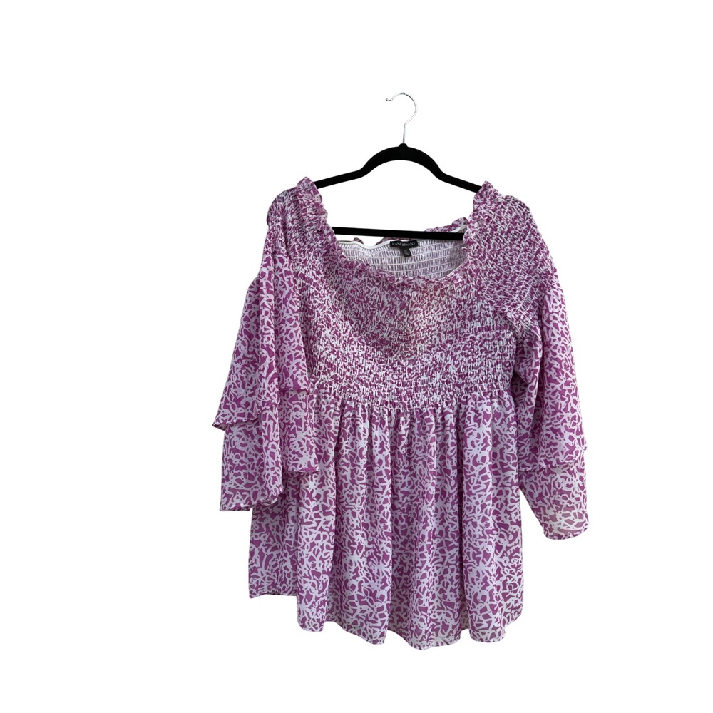 Lane Bryant Womens Size 16 Purple White Smocked Tiered Bell Sleeve Blouse NWT